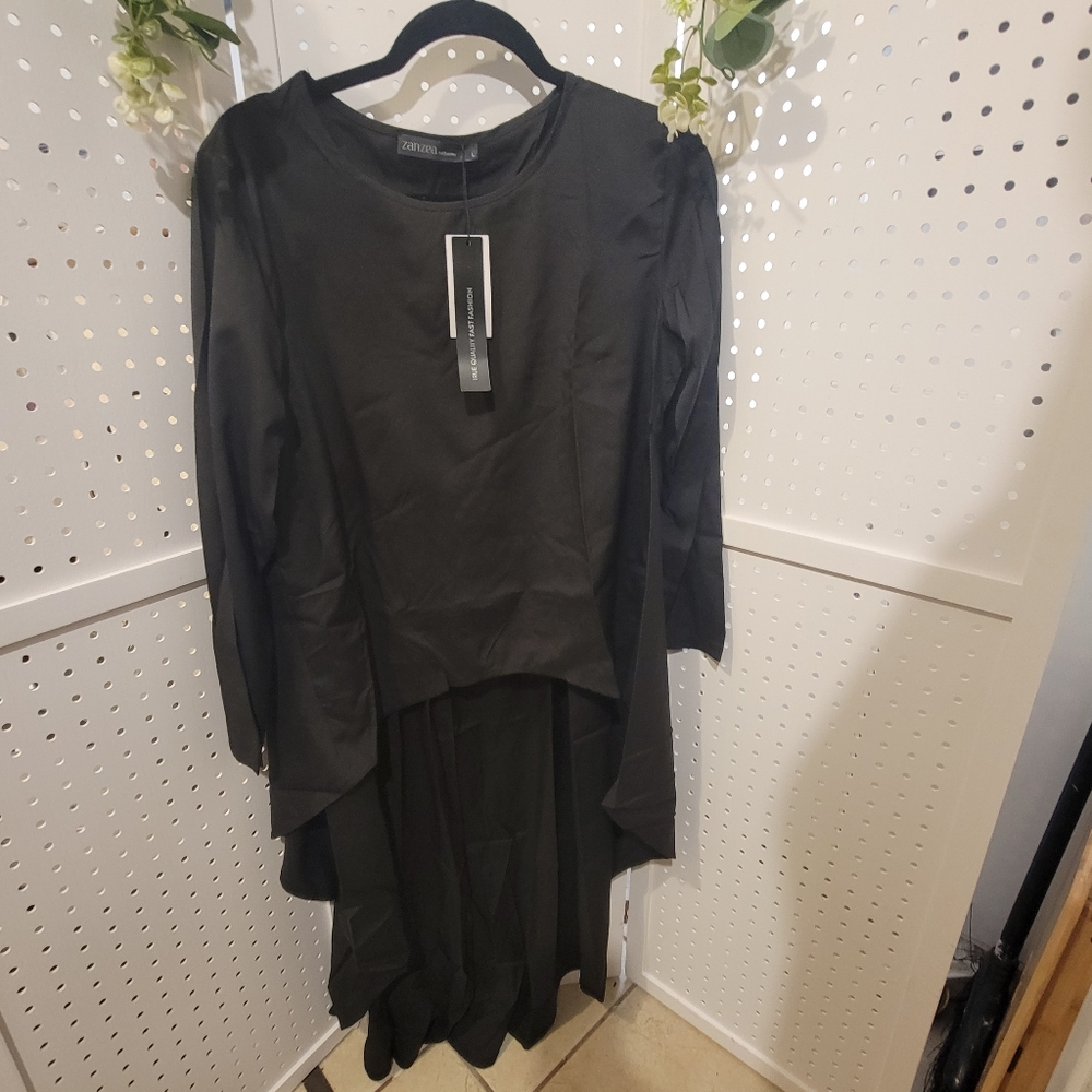 NWT ZANZEA DRAMATIC BLACK HIGH LOWl Long Sleeve BLOUSE Popover L